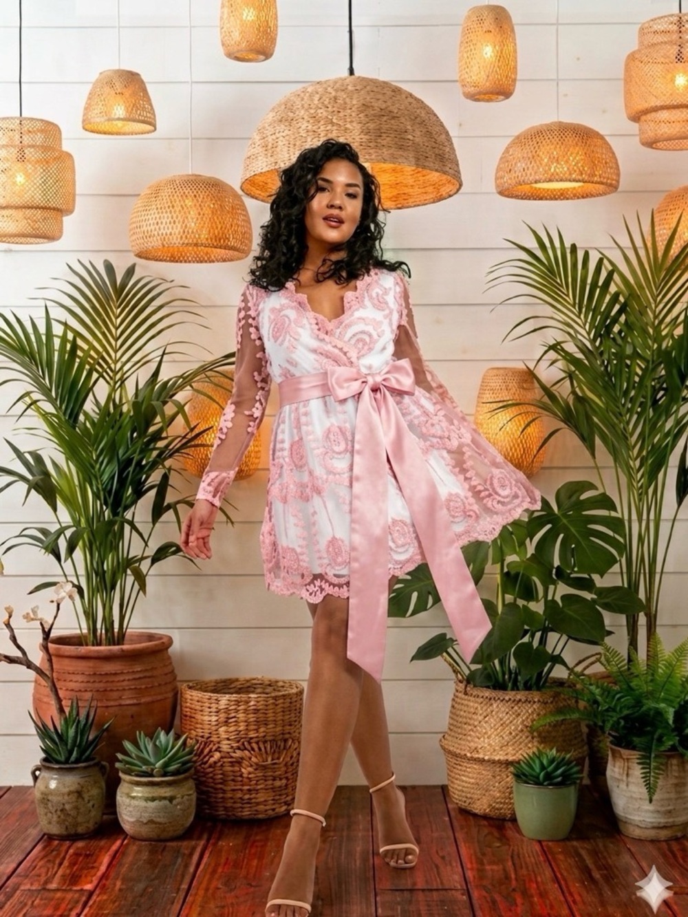 Boohoo Plus Blush Sheer Lace Mini Dress with White Embroidery
